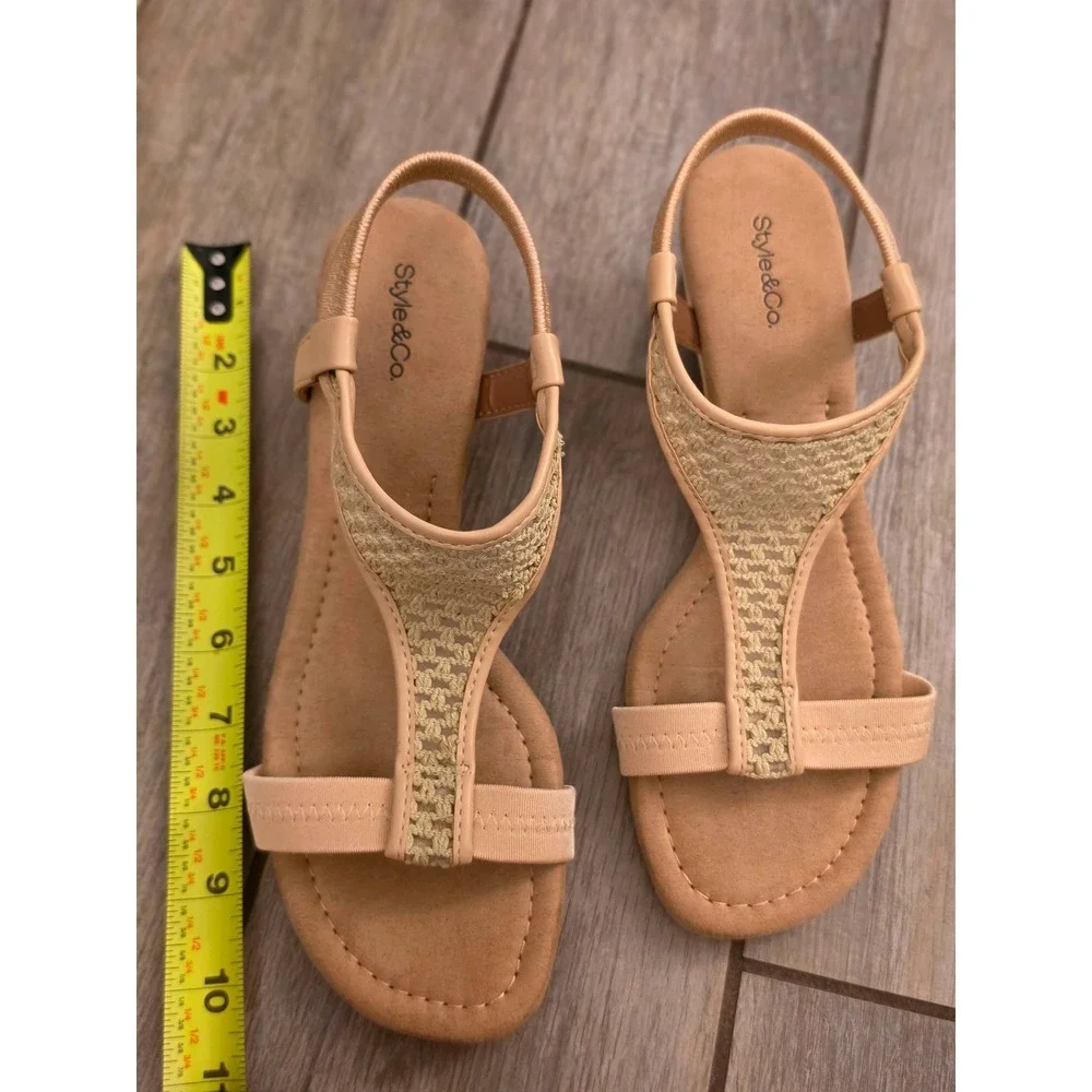 Style & Co Vacanzaar Nude Beige Crochet Wedge Sandals Elastic Slingback 9.5M